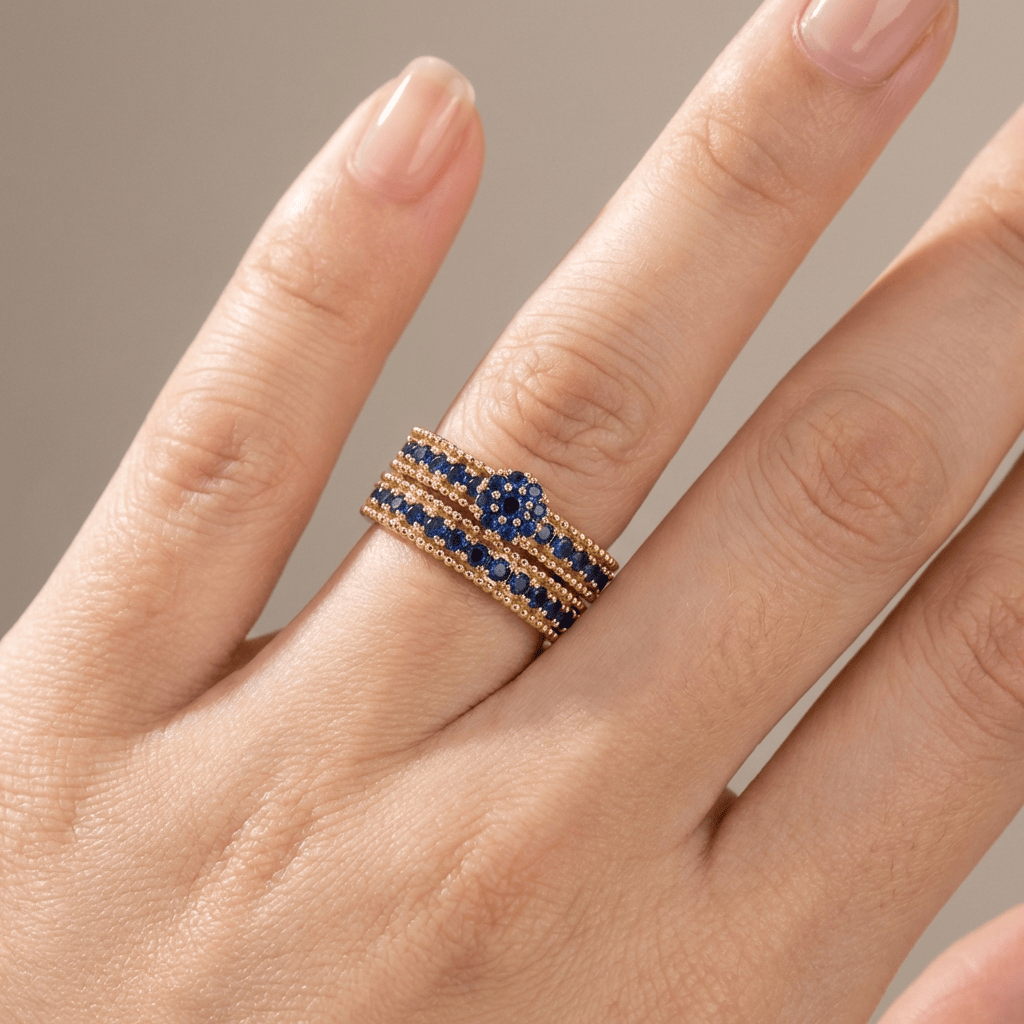 Blue Sapphire Gold Stacking Band Set by Rose & Oliver, alternate product view