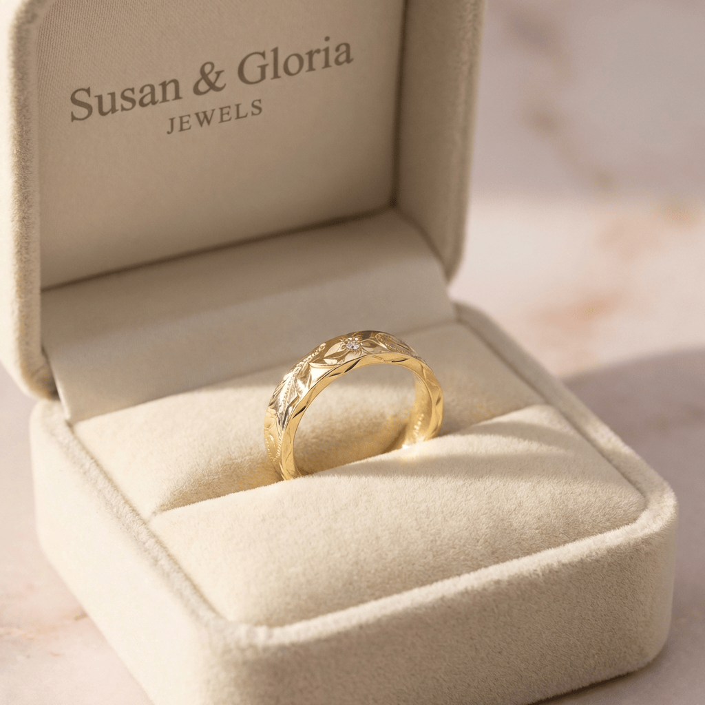 Gold Leaf Vintage Band Ring by Rose & Oliver, detail view