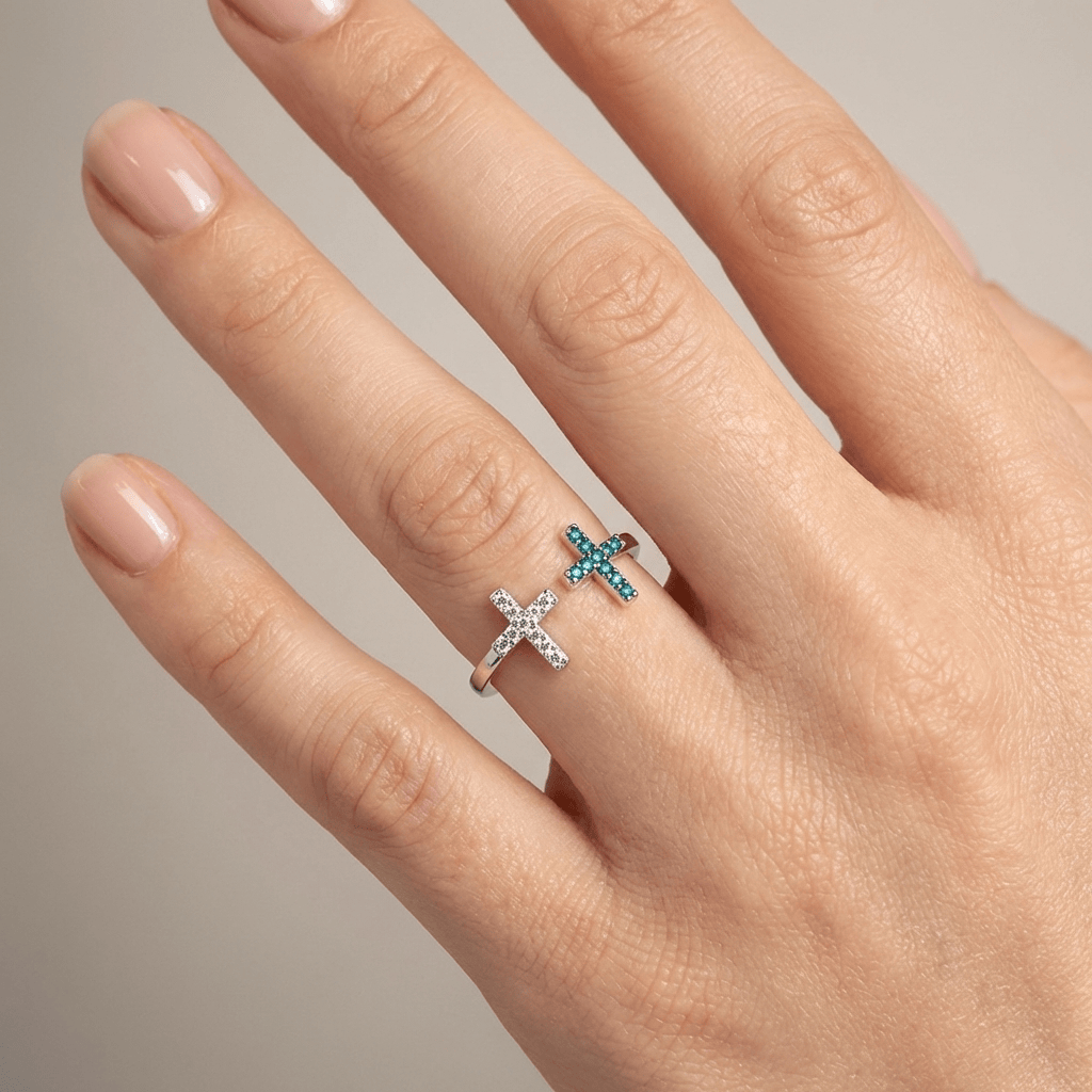 Double Cross Turquoise & Silver Ring - (Adjustable) by Rose & Oliver, alternate product view