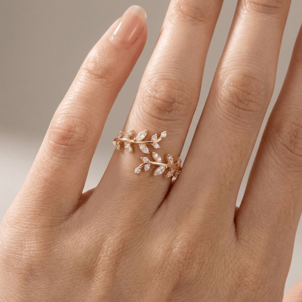 Crystal Leaf Vine Silver Ring - (Adjustable) by Rose & Oliver, additional angle