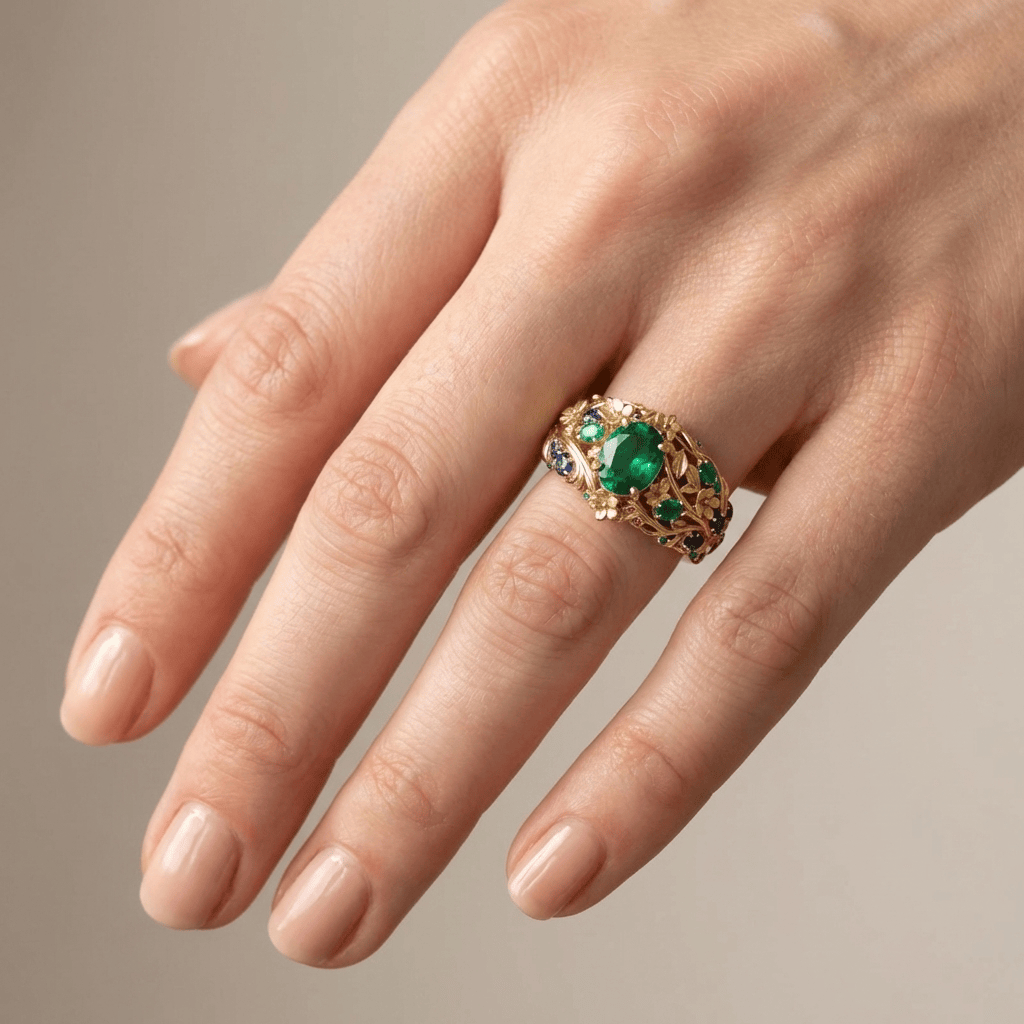 Gold Emerald Sapphire Vintage Ring by Rose & Oliver, alternate product view