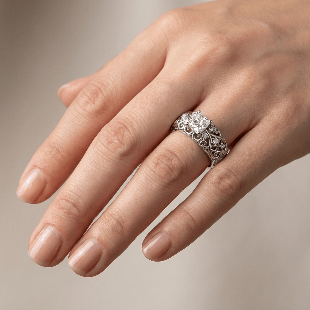 Silver Cushion Diamond Carved Ring by Rose & Oliver, alternate product view