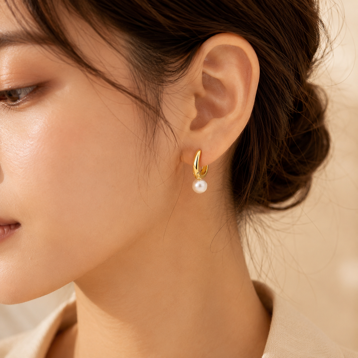Gold Pearl Hoop Earrings by Rose & Oliver, alternate product view