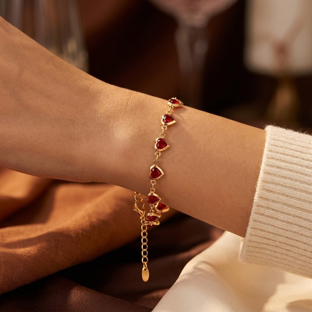 Pulseira de ouro com coração de rubi, estilo delicado, marca Rose & Oliver, detalhes de acabamento refinado.