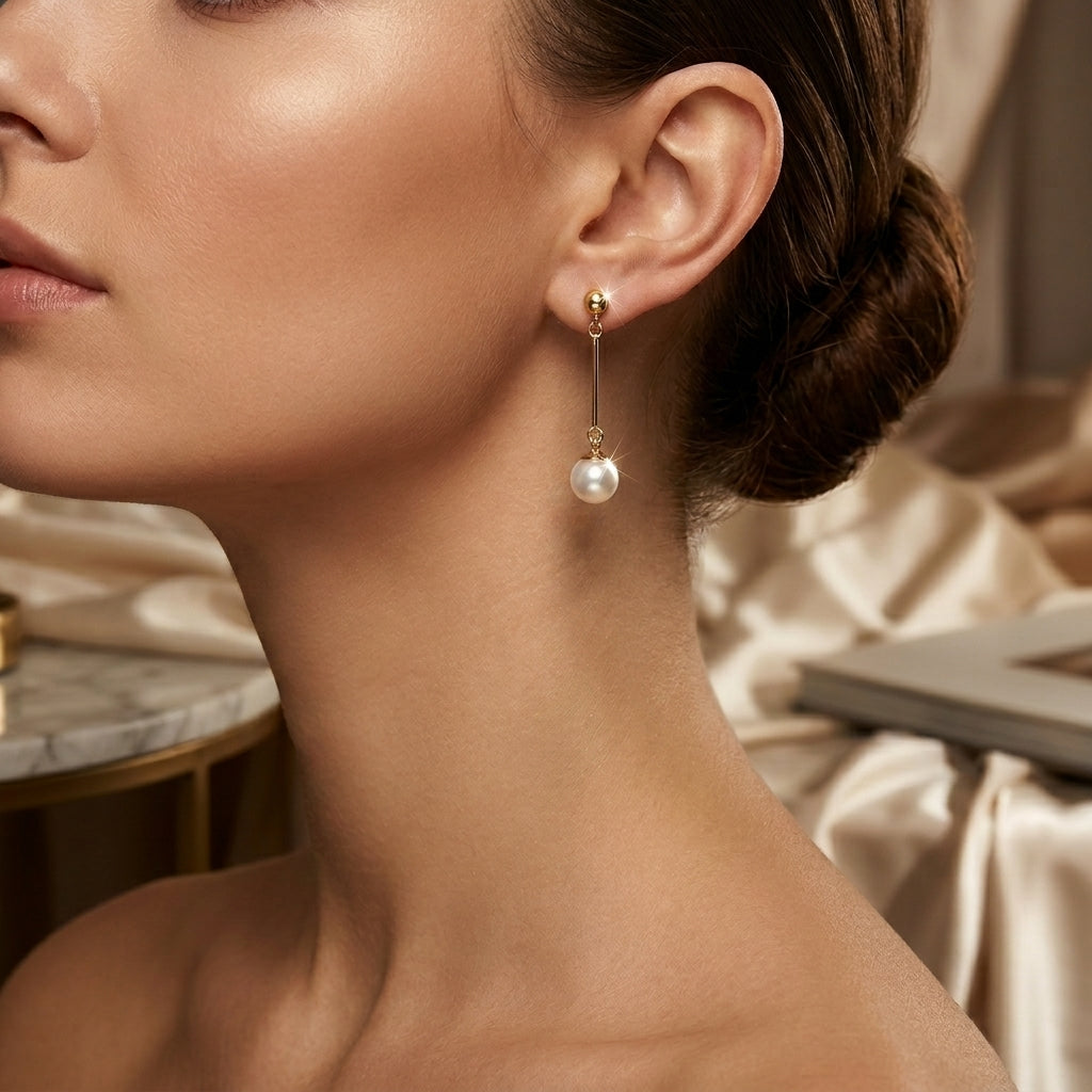 Gold Long Pearl Drop Earrings by Rose & Oliver, alternate product view