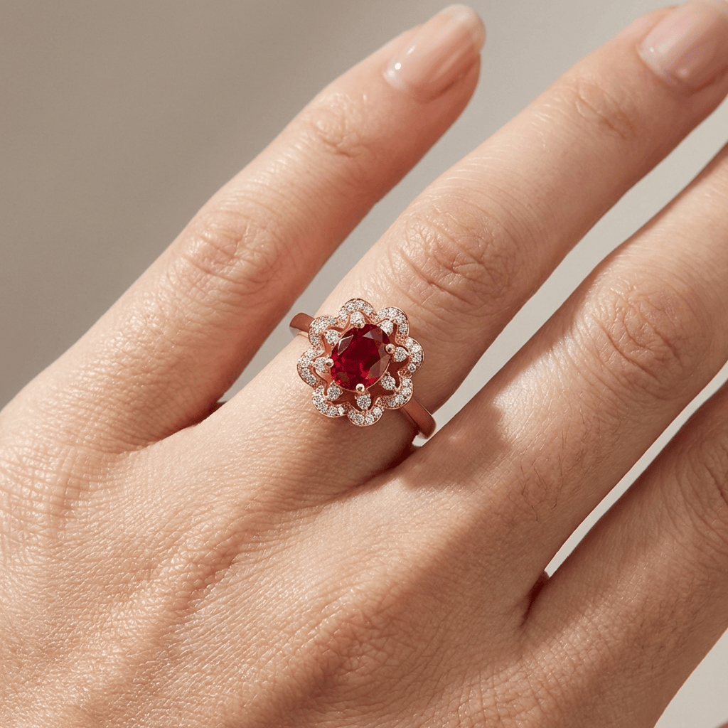 Red Ruby Rose Gold Halo Ring by Rose & Oliver, alternate product view