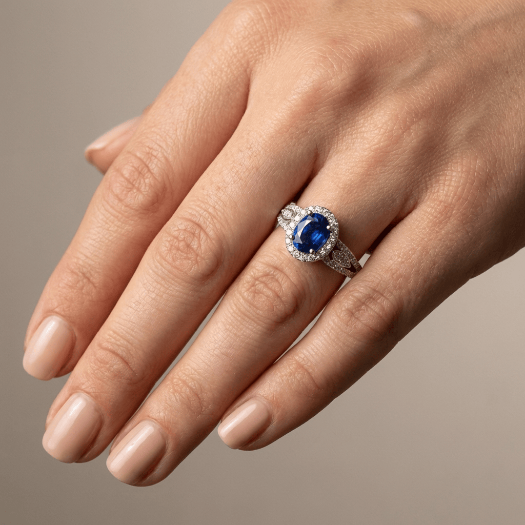 Vintage-Ring mit blauem Saphir-Halo und Silberelementen der Marke Rose & Oliver, dargestellt auf neutralem Hintergrund.
