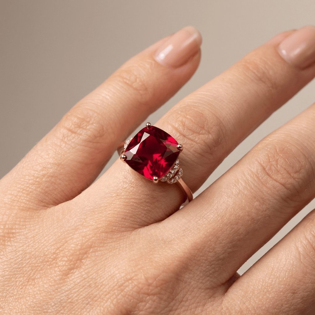 Anel de pedra preciosa rosa dourado Rose & Oliver, com acabamento brilhante e design elegante, visível na imagem.