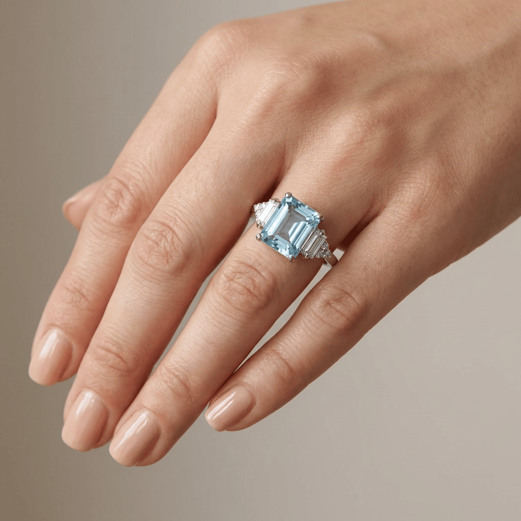 Anel de prata com três diamantes brilhantes, do design da marca Rose & Oliver, exibido em fundo neutro.