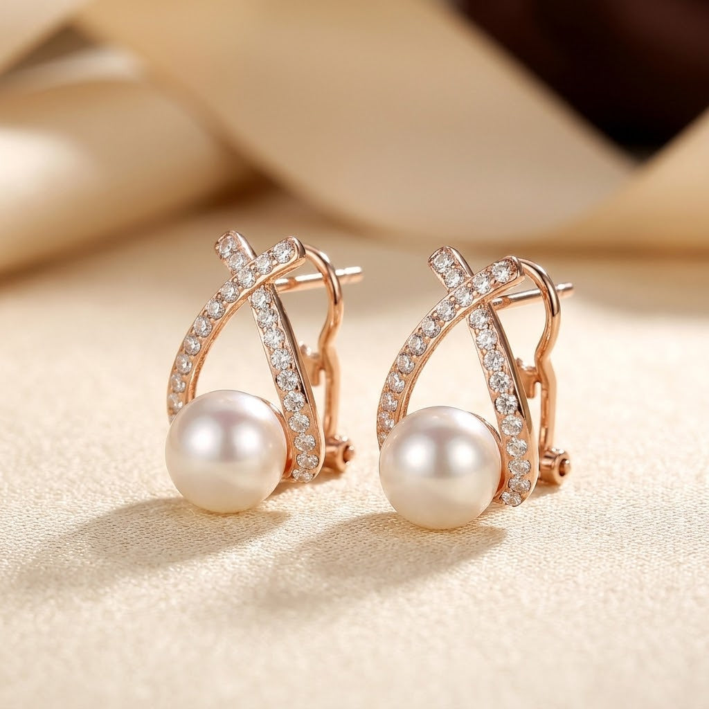 Gold Crisscross Pearl Stud Earrings by Rose & Oliver, alternate product view