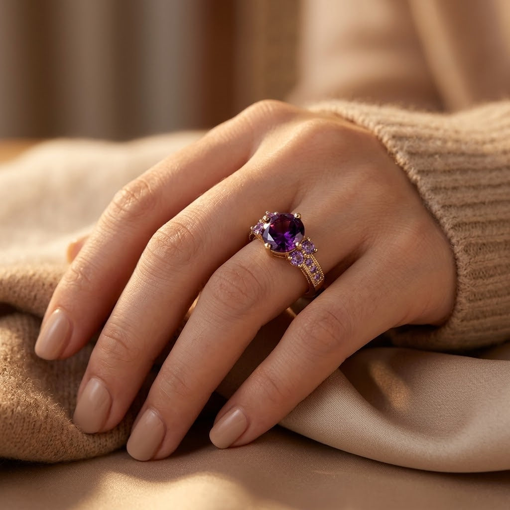 Anel de ouro com ametista rosa e detalhes elegantes, da marca Rose & Oliver, exibido em close na imagem.