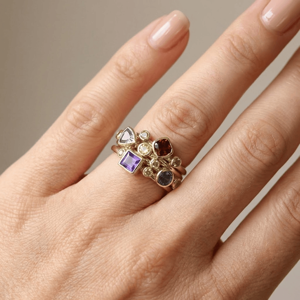 Gestapeltes Ringset aus Gold mit farbigen Edelsteinen, Schmuck der Marke Rose & Oliver, lebendige und glänzende Details