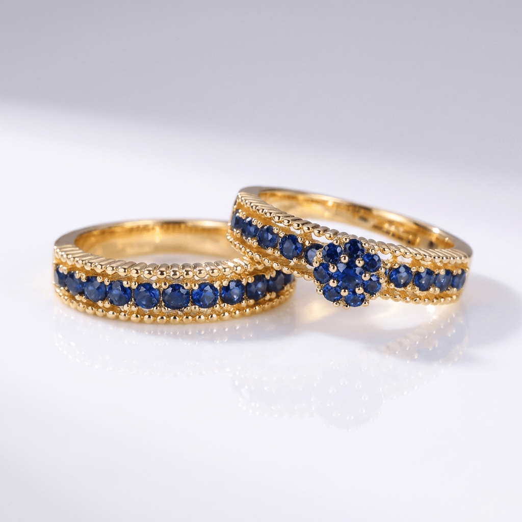 Blue Sapphire Gold Stacking Band Set by Rose & Oliver, main product view