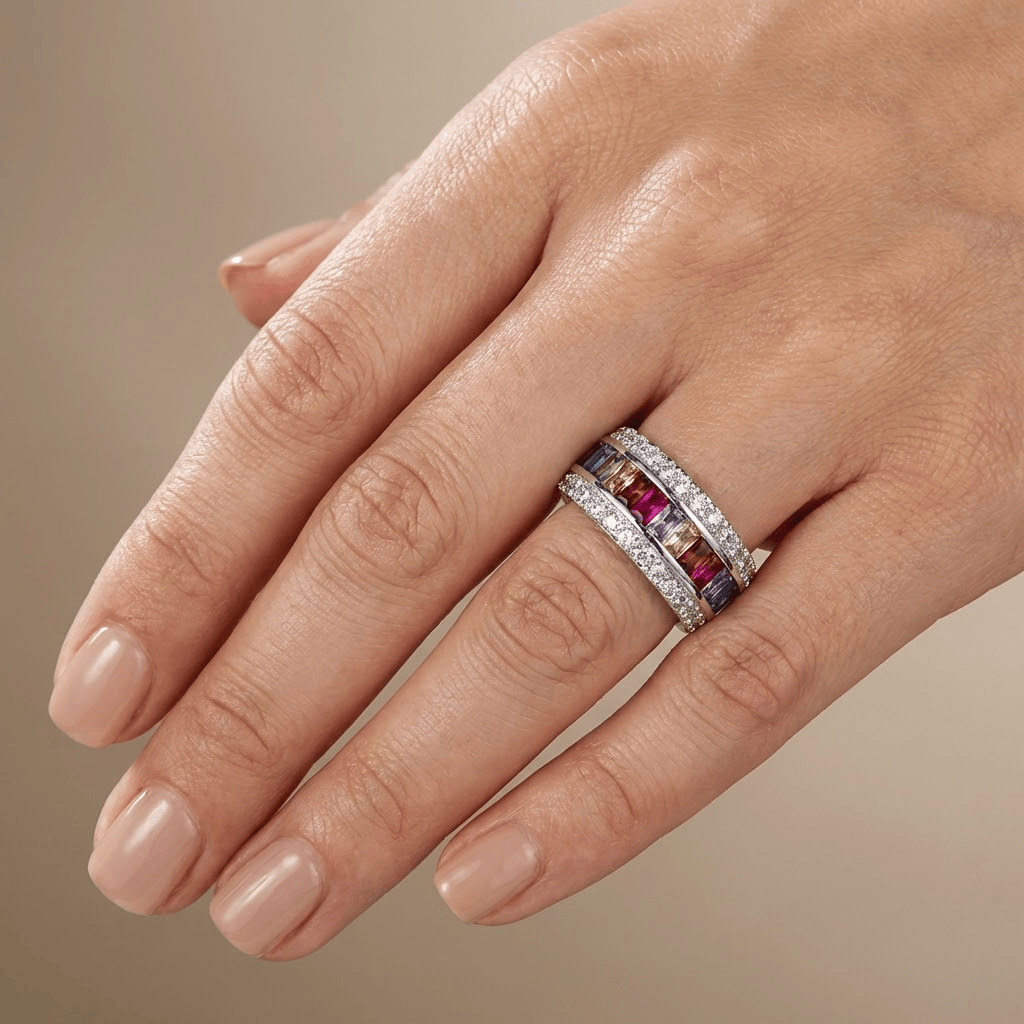Regenbogen-Silberring mit bunten Edelsteinen, elegantes Design der Marke Rose & Oliver.