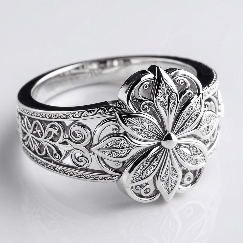 Silberring mit Zirkonia-Blume von Rose & Oliver, feine Details mit glänzendem Finish und elegantem Design.