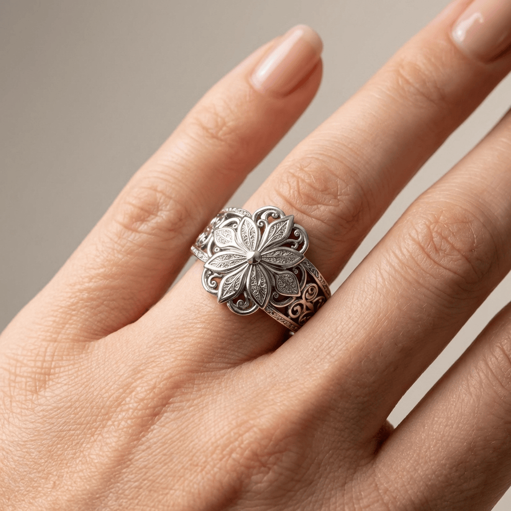Silberner Ring von Rose & Oliver mit funkelnder Zirkonia-Blume und zarten Details, der sich durch sein elegantes und raffiniertes Design auszeichnet.