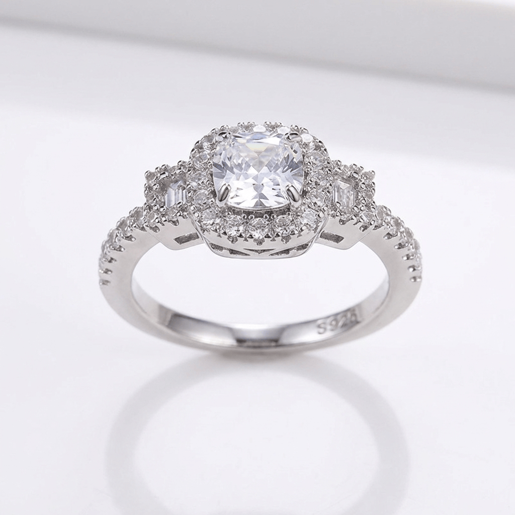 Anel de prata com diamantes em halo de cushion, da marca Rose & Oliver, destacando o design elegante e brilho refinado.