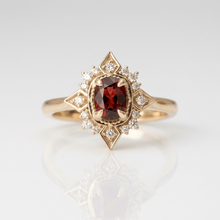 Anel vintage de ouro com rubi e diamantes, da marca Rose & Oliver, mostrando detalhes do design e pedras preciosas.