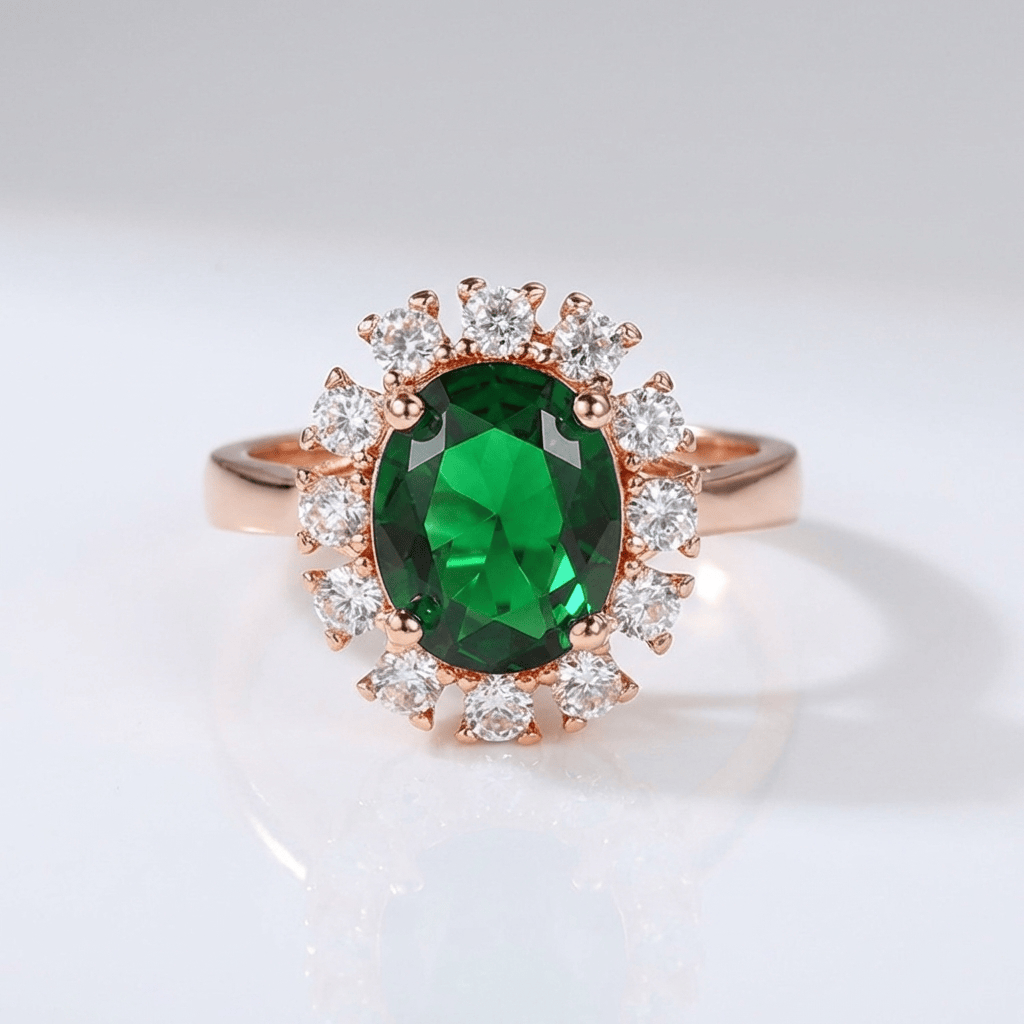Verstellbarer Ring Rose Gold mit Diamanten und Smaragden, elegantes Halo-Design von der Marke Rose & Oliver.