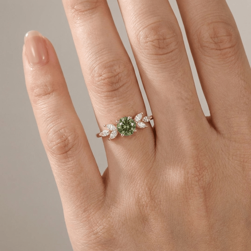 Green Peridot Gold Dainty Leaf Ring by Rose & Oliver, detail view
