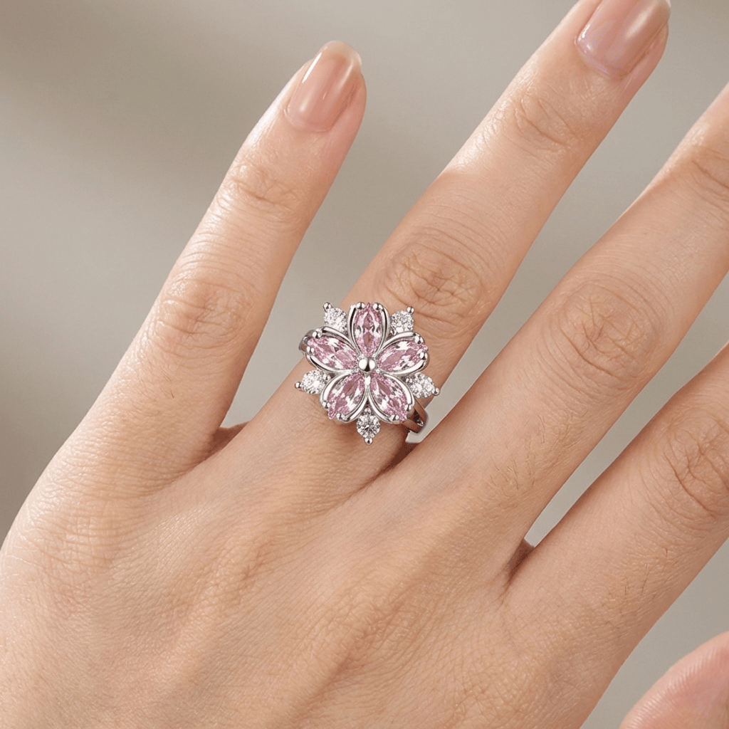 Verstellbarer Ring aus Silber mit rosa Kristall und Kirschblüten-Details im zarten Stil, von der Marke Rose & Oliver.