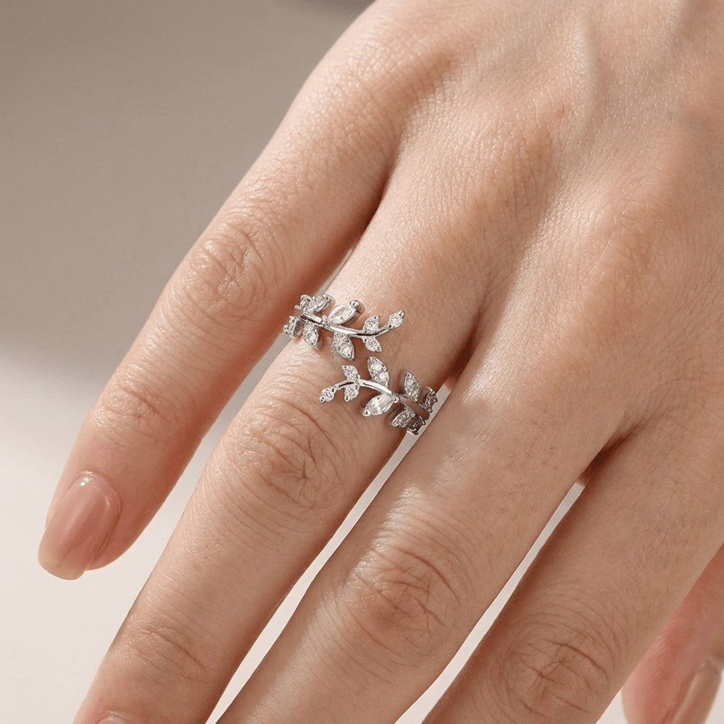 Crystal Leaf Vine Silver Ring - (Adjustable) by Rose & Oliver, alternate product view