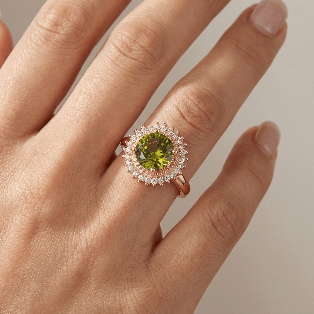 Anel de ouro com peridoto e diamantes em halo, brilha com detalhes elegantes, da marca Rose & Oliver.