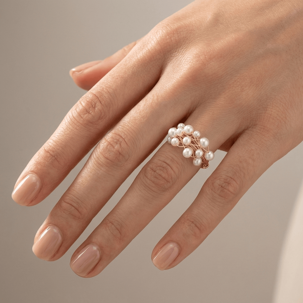 Pulseira ajustável Rose & Oliver com pingentes de pérolas douradas em formato de cluster, elegante e delicada.