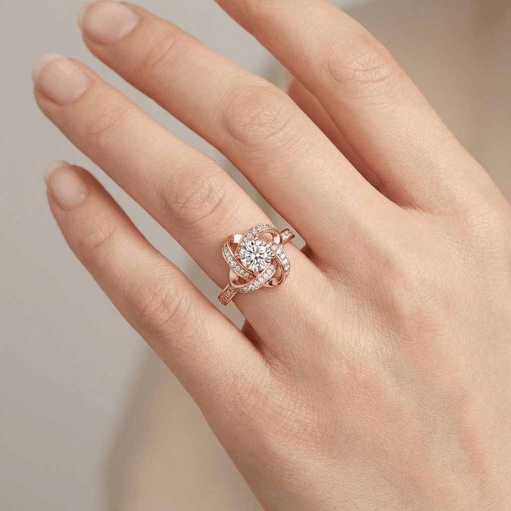 Anel ajustável Rose Gold com knot torcido e zirconias brilhantes, da marca Rose & Oliver, exibido na imagem.
