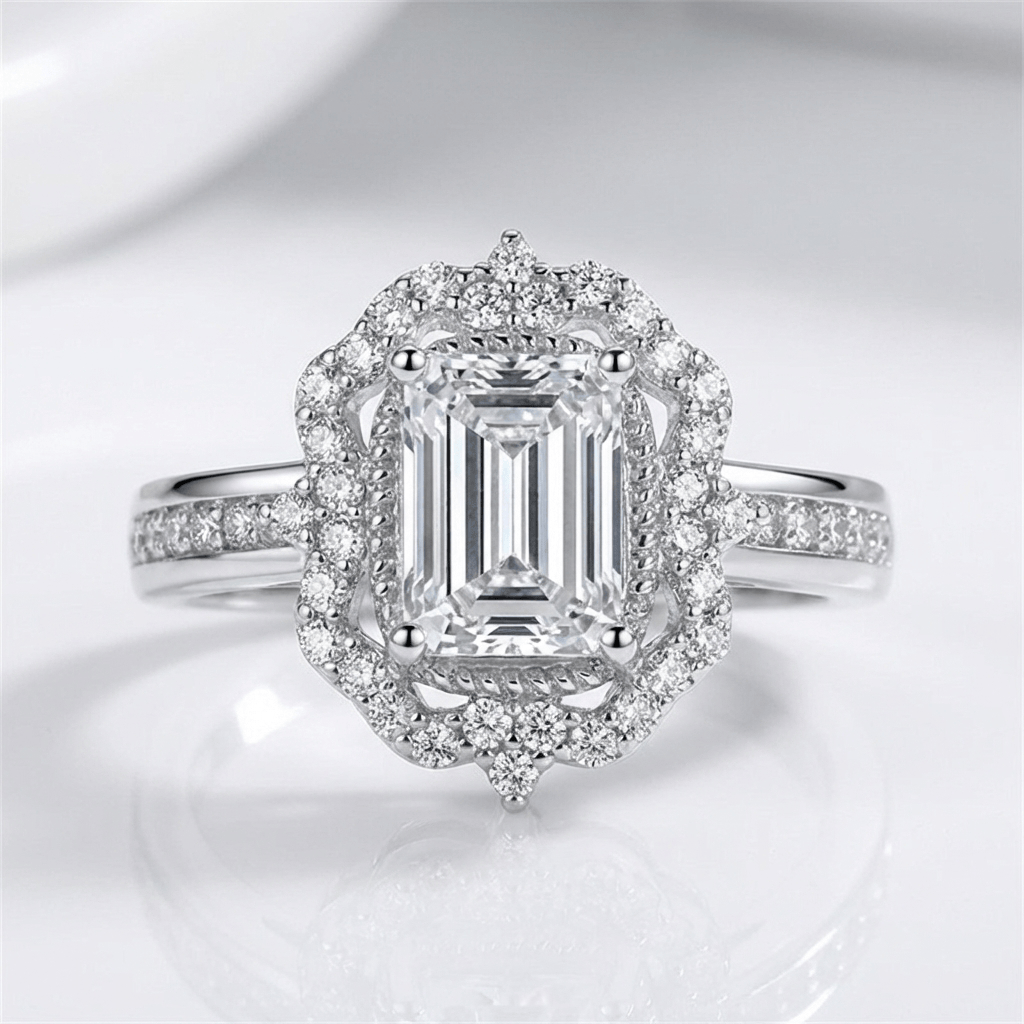 Anel retangular com halo de diamantes da Rose & Oliver, joia elegante com design sofisticado e detalhes brilhantes.