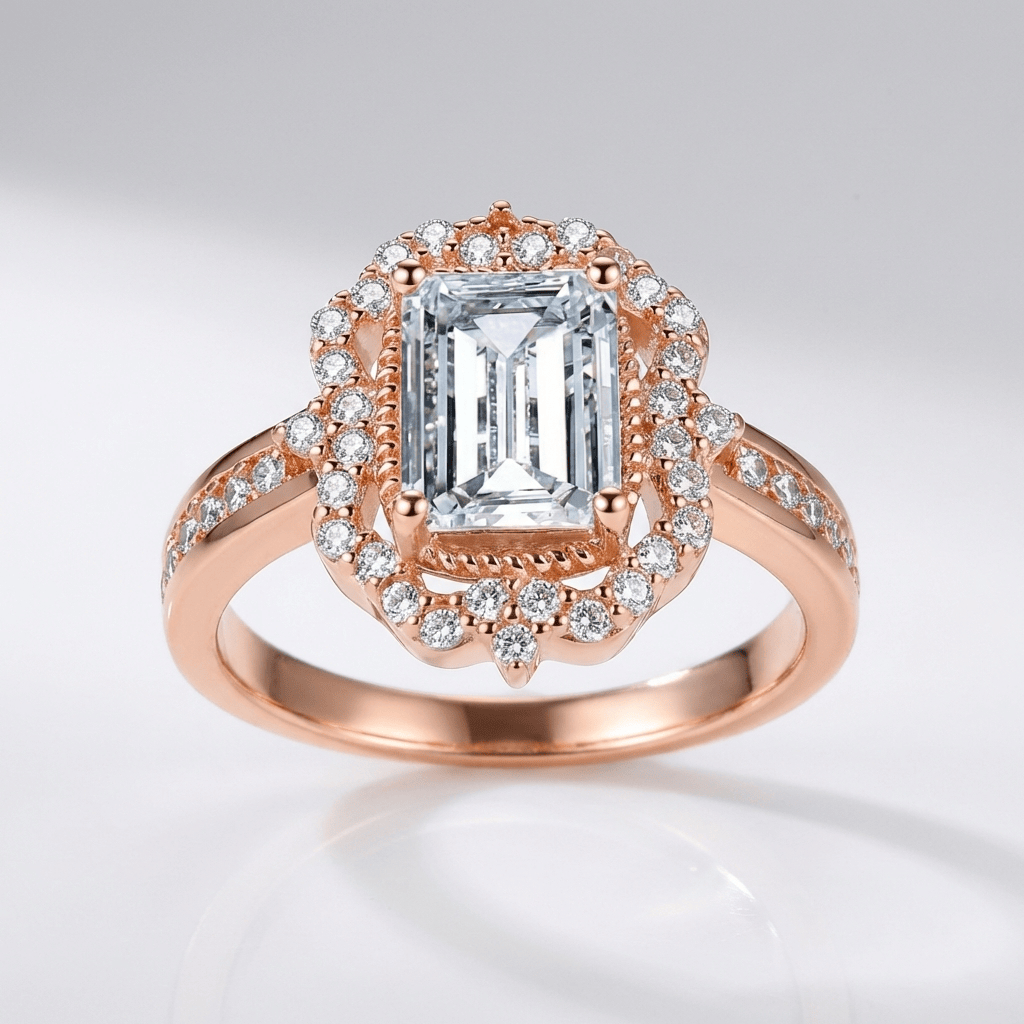 Anel retangular com halo de diamantes da Rose & Oliver, elegante e brilhante, destacando-se pelo design sofisticado.
