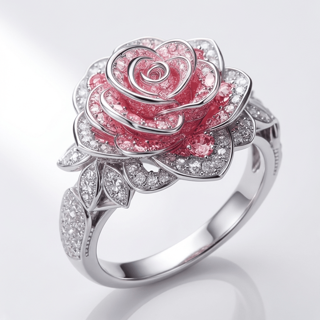 Ring Rose Nostalgia Rose & Oliver mit feiner Verarbeitung und rosa Details, der das elegante Design in der Hand zeigt.