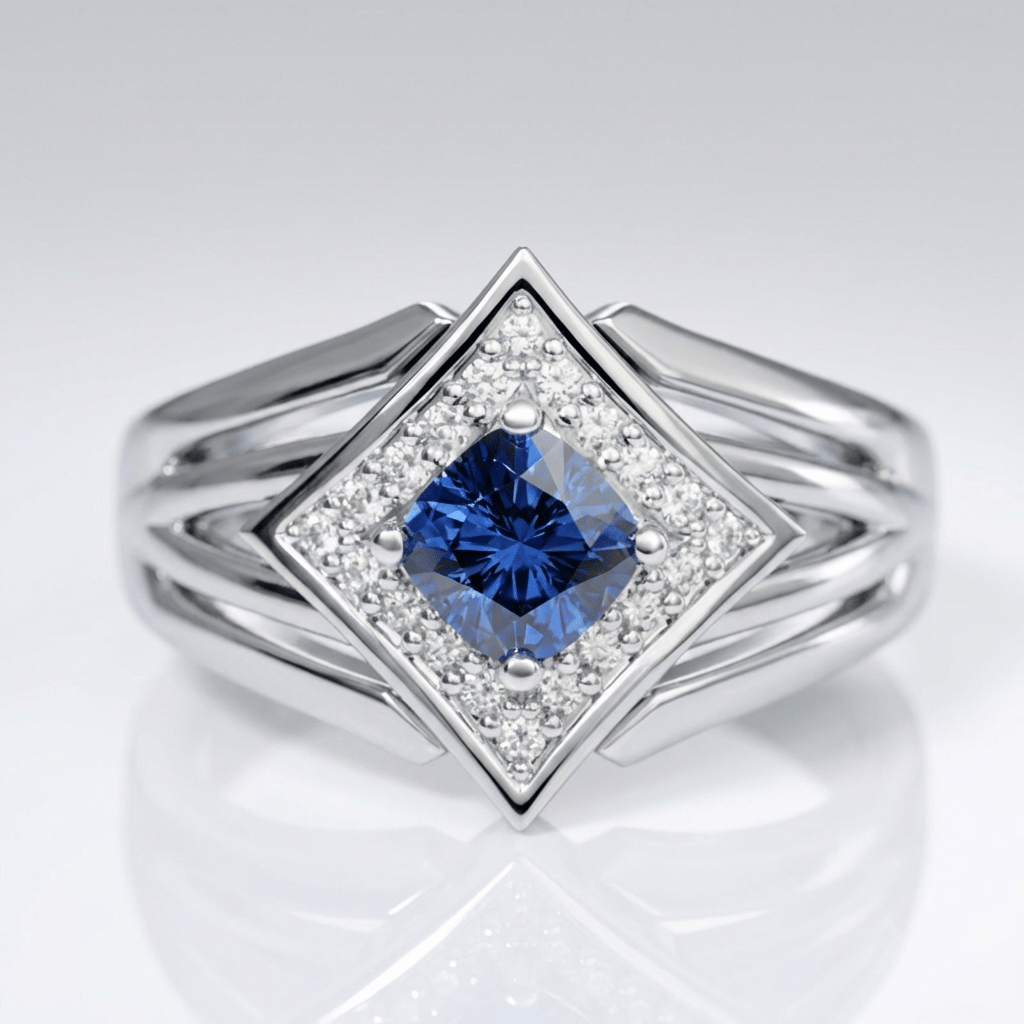 Anel de prata com estrela e safira azul, design elegante da marca Rose & Oliver, mostrando detalhes da joia.