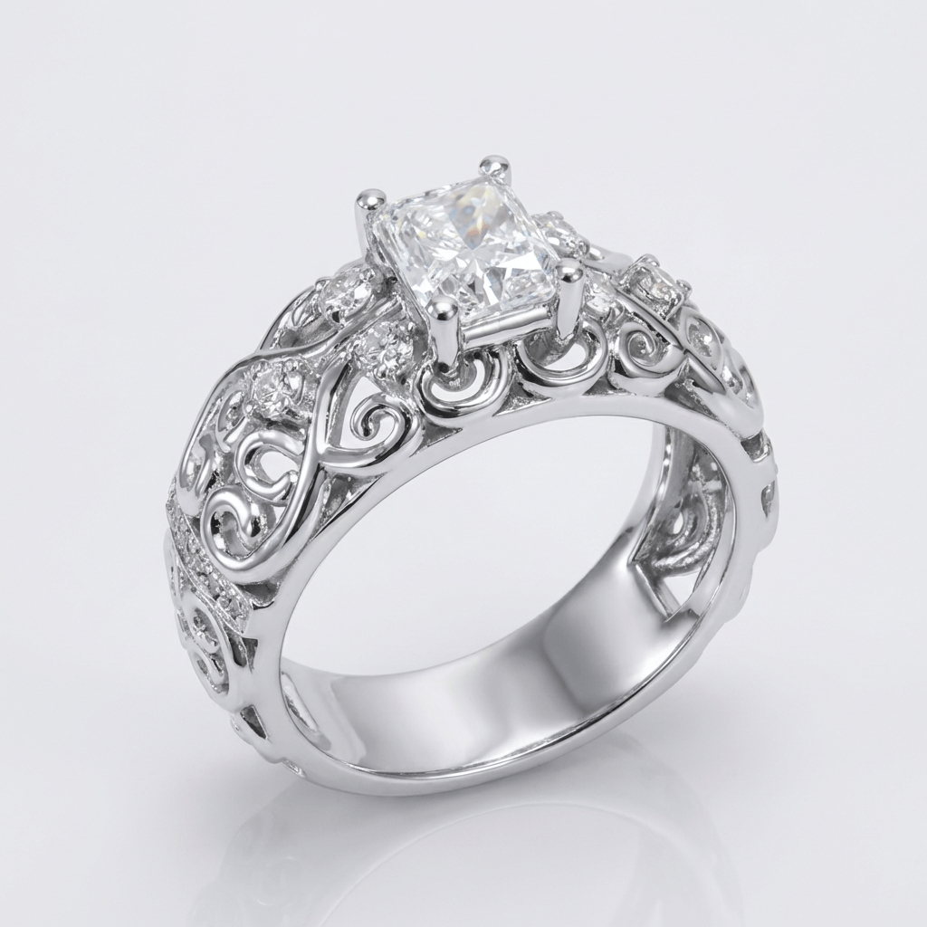 Silver Cushion Diamond Carved Ring by Rose & Oliver, main product view