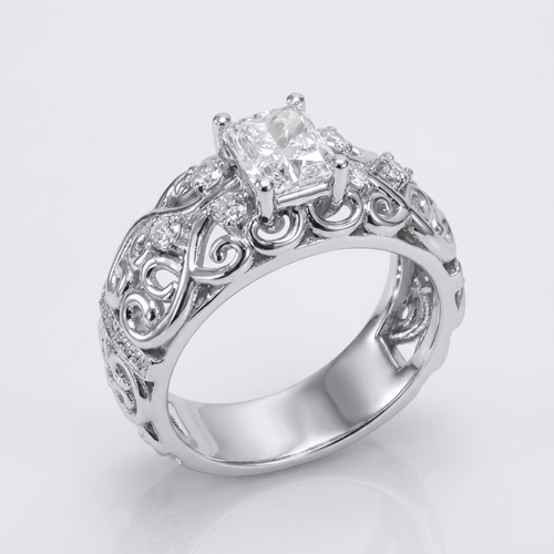 Silver Cushion Diamond Carved Ring by Rose & Oliver, main product view