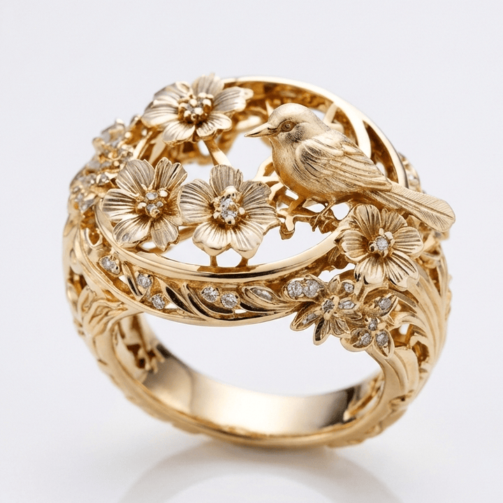 Anel de jardim com pássaro dourado da Rose & Oliver, acessório delicado com detalhes de pássaro em ouro.