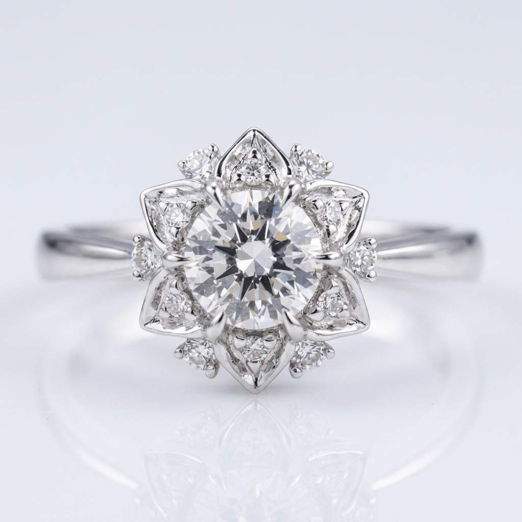 Ring aus Silber mit Zirkonia in Lotusform, von der Marke Rose & Oliver, dargestellt in einem klaren und eleganten Bild.