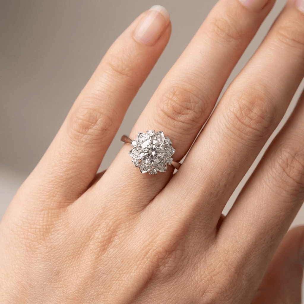 Ring in Rosaton und Gold mit silbernem Zirkonia in Lotusblütenform, glänzende Details und elegantes Finish