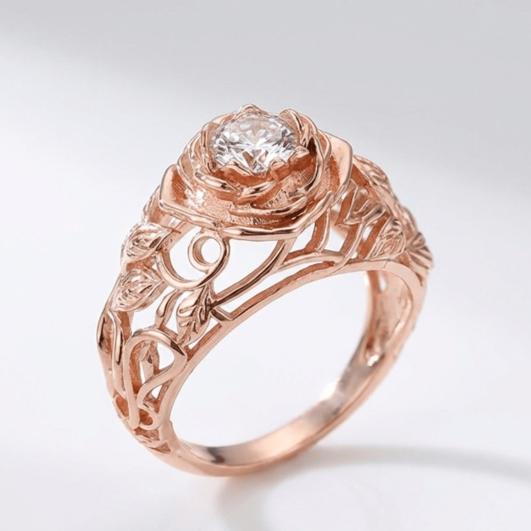 Vintage-Ring von Rose & Oliver mit Finish aus rosafarbener Zirkonia und graviertem Detail im klassischen Stil.