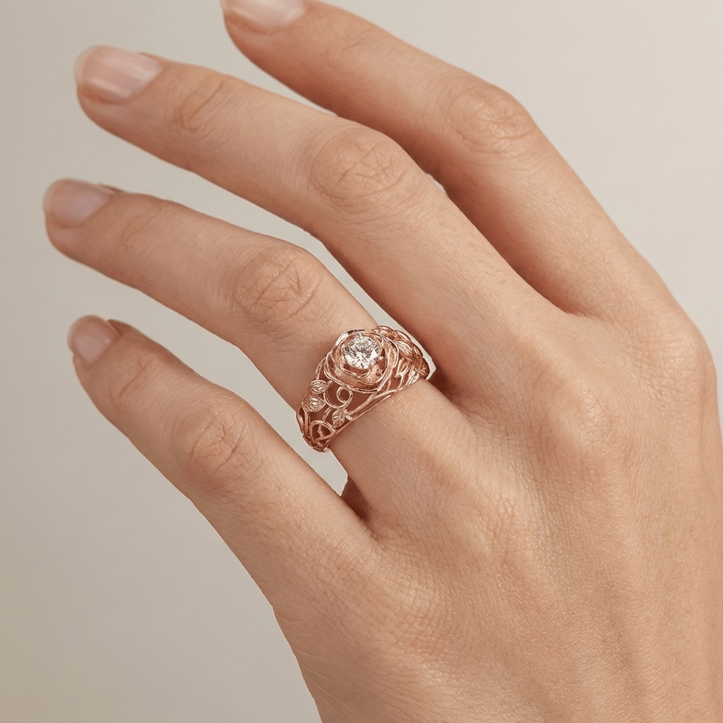 Vintage-Ring mit geschnitzter rosa Zirkonia von Rose & Oliver, mit klassischem Design und ornamentalen Details aus Silber.