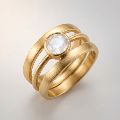 Anel de prata com pedra de moonstone dourada, da marca Rose & Oliver, exibido em close com detalhes brilhantes.