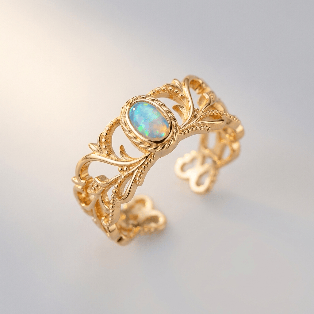 Verstellbarer Ring Rose Gold Opal Wings von Rose & Oliver, mit Details himmlischer Flügel und einem strahlenden Opalstein.