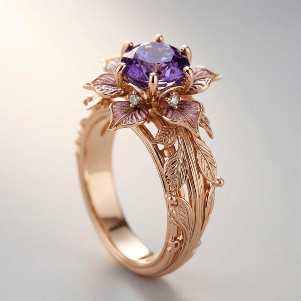 Lila-goldener Ring mit floralen Details von Rose & Oliver, mit glänzendem Finish und elegantem Design.