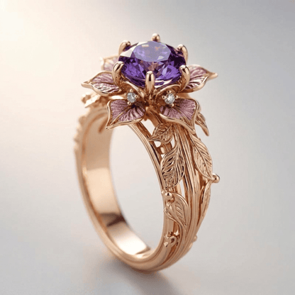 Lila-goldener Ring mit floralen Details von Rose & Oliver, mit glänzendem Finish und elegantem Design.