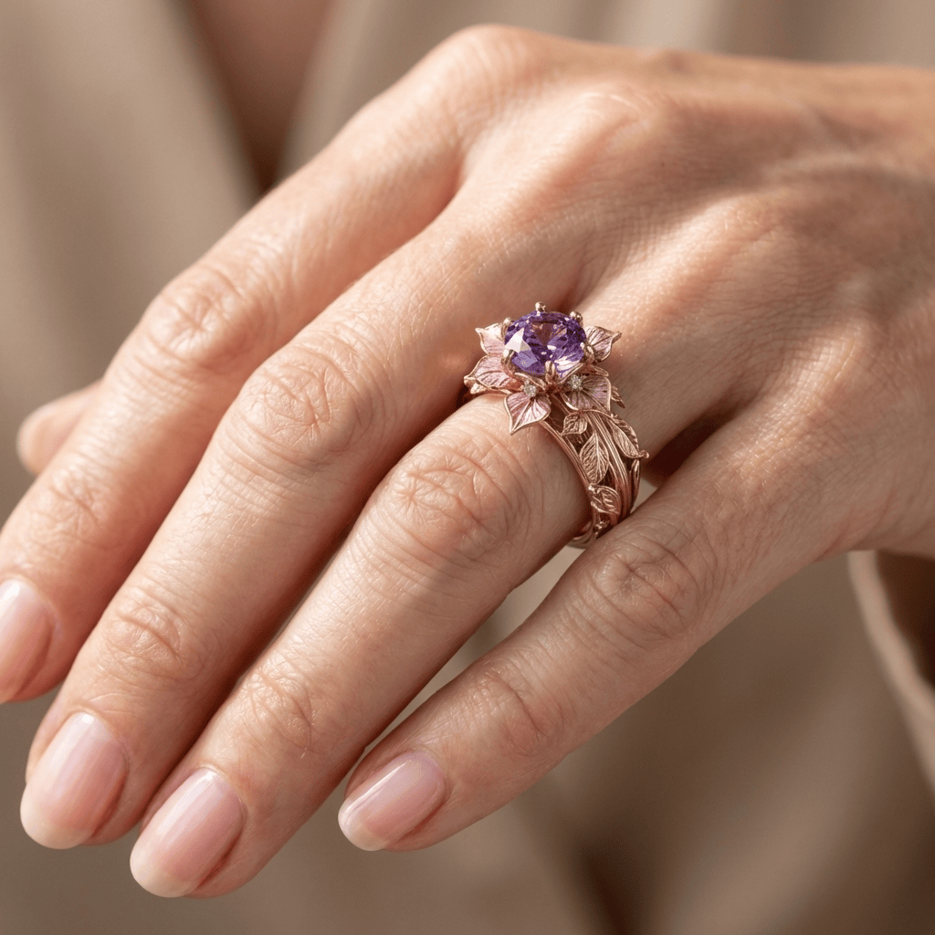 Goldring mit lila und floralen Details, von der Marke Rose & Oliver, mit eleganter und zarter Verarbeitung.