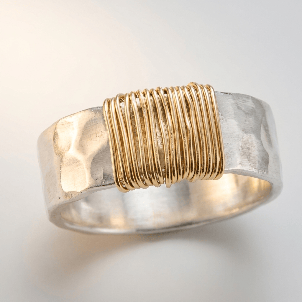 Handgefertigter Ring aus Silber mit gedrehten Kordeln, hergestellt von der Marke Rose & Oliver, im Nahaufnahme mit sichtbaren Details.