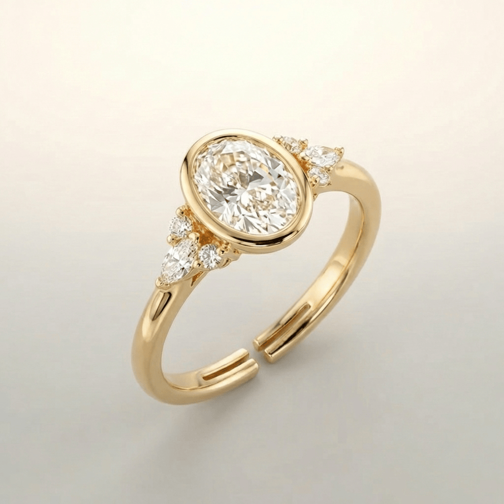 Anel ajustável Rose & Oliver com três zircônias ovais douradas em design elegante