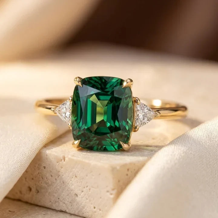 Anel de ouro cushion solitaire Rose & Oliver com pedra central brilhante e design elegante, em fundo neutro.