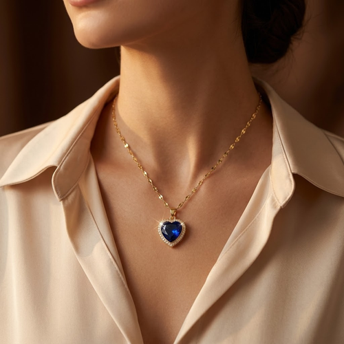 Colar de ouro com pingente de coração e safira, joia elegante da marca Rose & Oliver.
