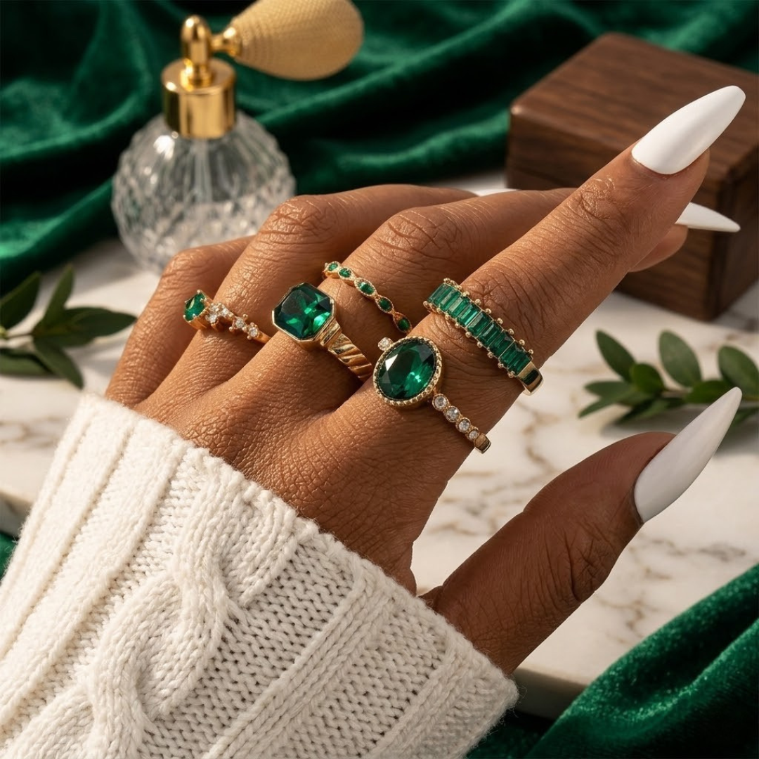Conjunto de joias com anéis de ouro e esmeralda da Rose & Oliver, incluindo duas peças com detalhes dourados e pedras verdes brilhantes.